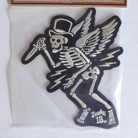 RETIRED LUCKY 13 THIRTEEN WINGED SKELETON WITH KNIFE EMBROIDERED 6” PATCH (NEW) - Picture 5 of 5